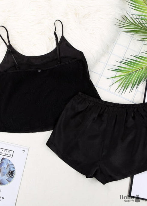 Boho Sleepwear, Pajamas Set, PJ Satin Black Lace, Blanche(12 Colors)
